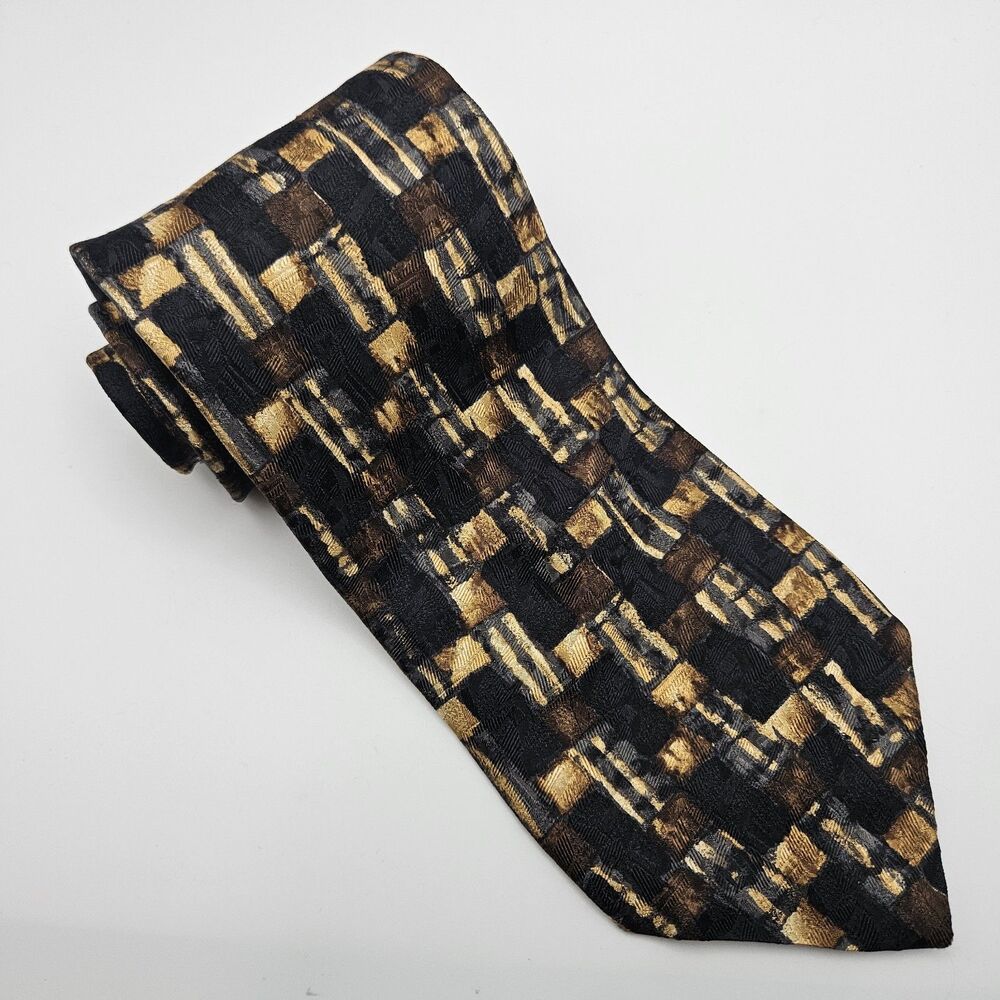 Ermenegildo Zegna Black Brown Gold Geometric Tie Work Wedding Party‎ 57x3 5/8"